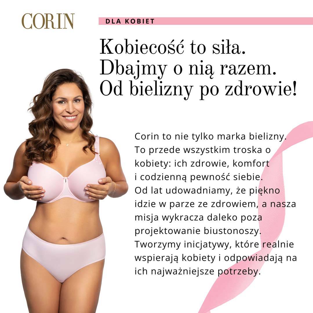 Modelka w różowym komplecie bielizny Corin, hasło: Kobiecość to siła – dbajmy o nią razem. Od bielizny po zdrowie.